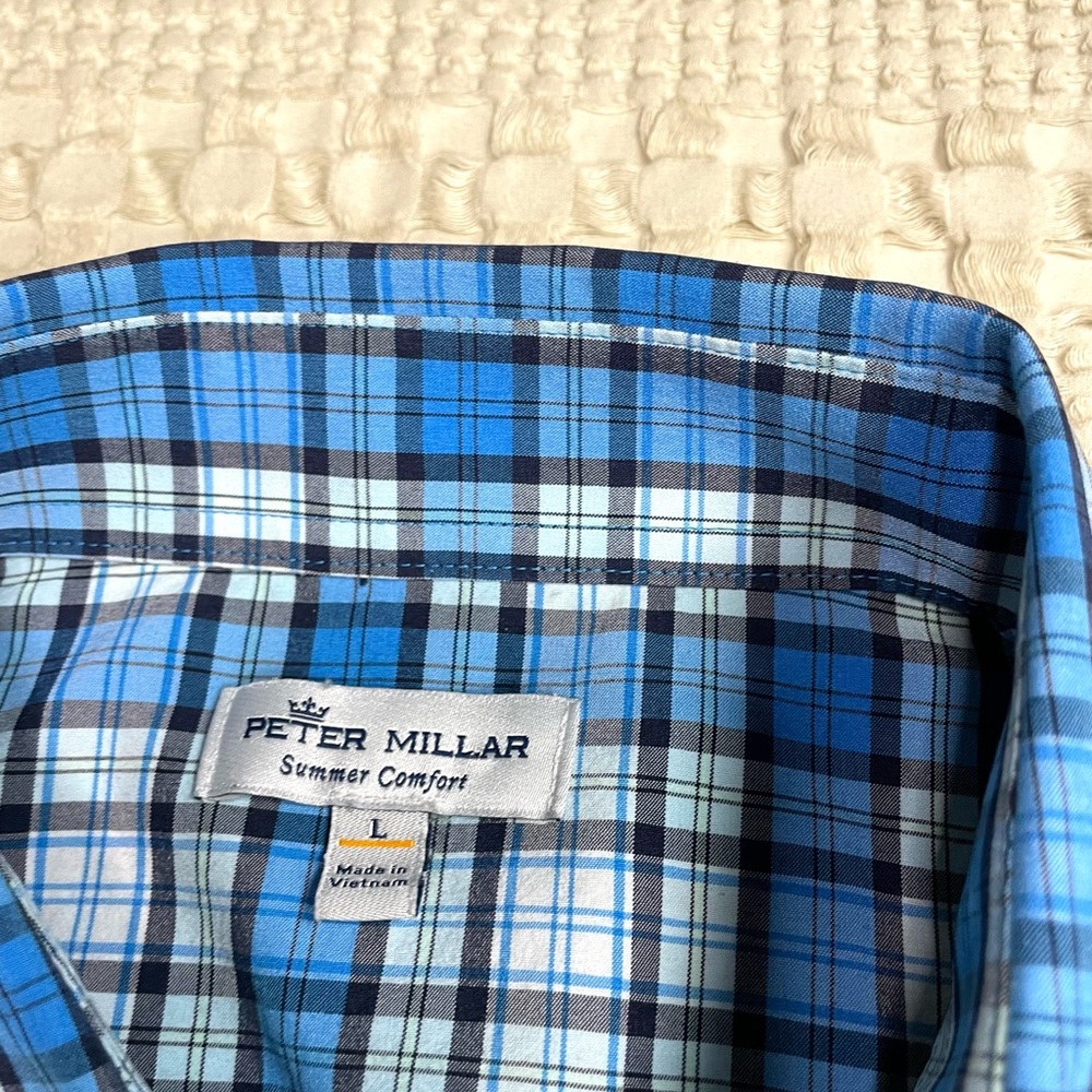 Mens Peter Millar Summer Comfort Long Sleeve Blue White Plaid Shirt Large